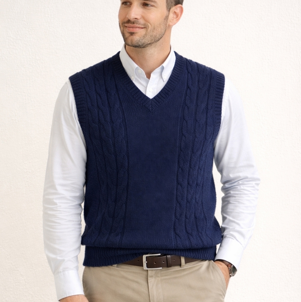 VINTAGE‎ ANDHURST Shetland Wool Cable Knit Sweater Vest - Navy Blue Large